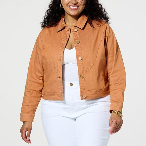 DG2 by Diane Gilman Stretch Perfect Twill Denim Curved Yoke Jacket - Tan - Size Medium | HSN