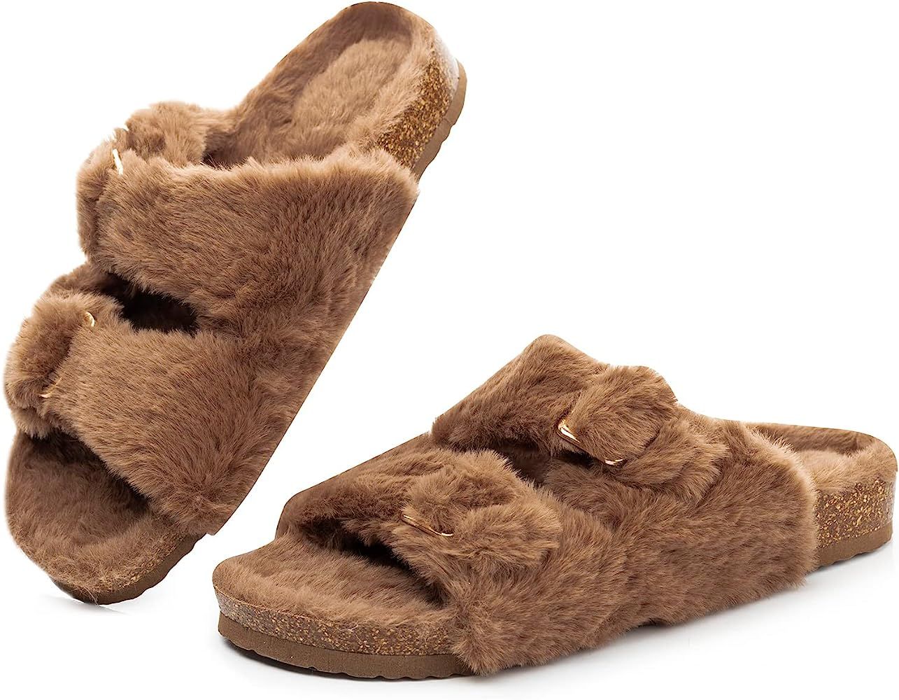 FITORY Womens Open Toe Slipper with Cozy Lining,Faux Rabbit Fur Cork Slide Sandals Size 6-11 | Amazon (US)