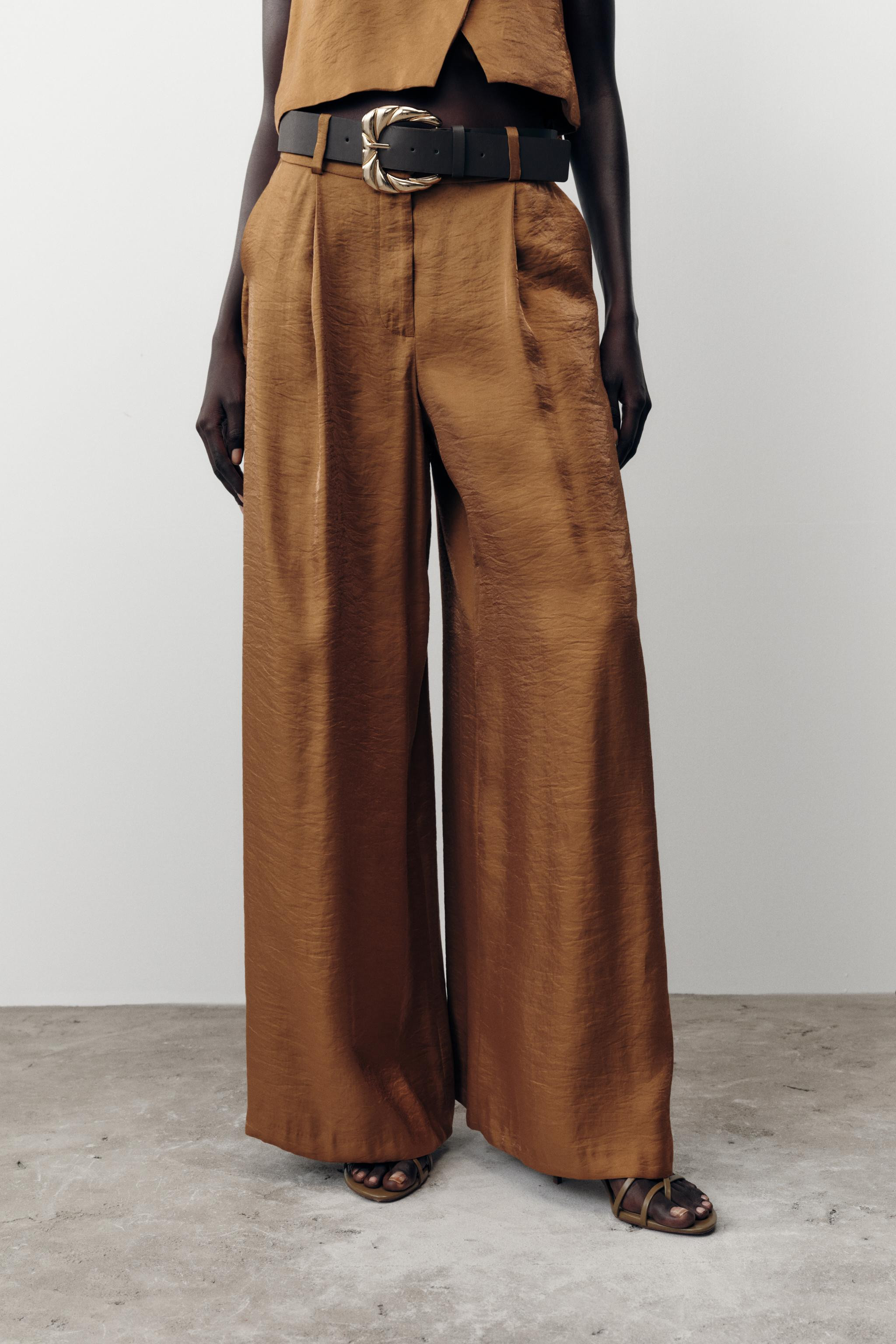 SATIN WIDE LEG BELTED PANTS | Zara US