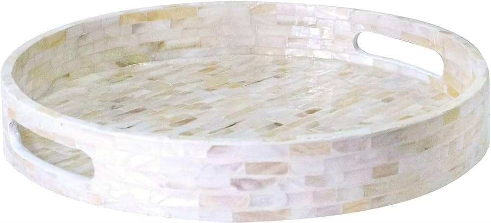 12.6” Round Mother of Pearl Serving Tray, Round Coffee Table Tray w Insert Handles, Nacred Wood... | Amazon (US)