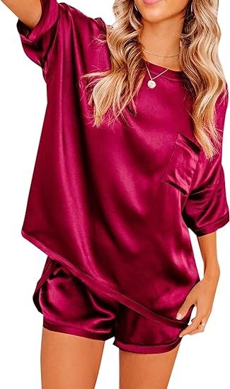 LYANER Women's Satin Silky Pajama Set Short Sleeve T-shirt With Shorts Set PJ Loungewear | Amazon (US)