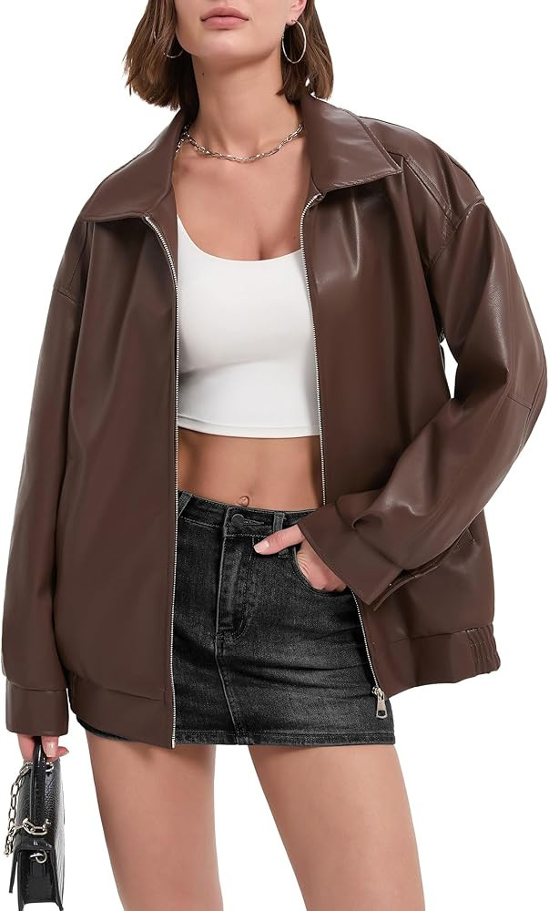 Leather Jacket Women Oversized Faux Bomber Coats Fall Fashion Motorcycle Outfits Y2k Winter Cloth... | Amazon (US)