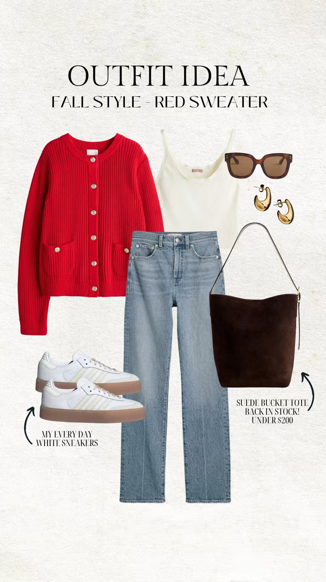 Fall outfit idea - red sweater ❤️ this red cardigan is the perfect red for fall and under $40! Loving my suede bucket tote in this chocolate brown color and it’s back in stock! 

Fall outfit, fall style, casual outfit, fall fashion, Madewell jeans, red sweater, red cardigan, bucket bag, suede purse, brown bag, adidas sambae, white sneakers, work outfit, H&M, Christine Andrew 

#LTKSeasonal #LTKVideo #LTKFindsUnder50