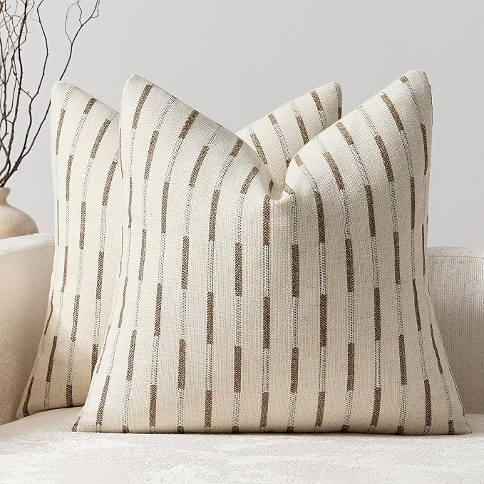 Set of 2 Throw Pillow Covers 18x18 Linen Decorative Couch Pillow Cases Neutral Beige Farmhouse Te... | Amazon (US)