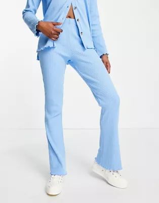 Pieces ribbed lettuce edge flared pants in blue - part of a set | ASOS (Global)