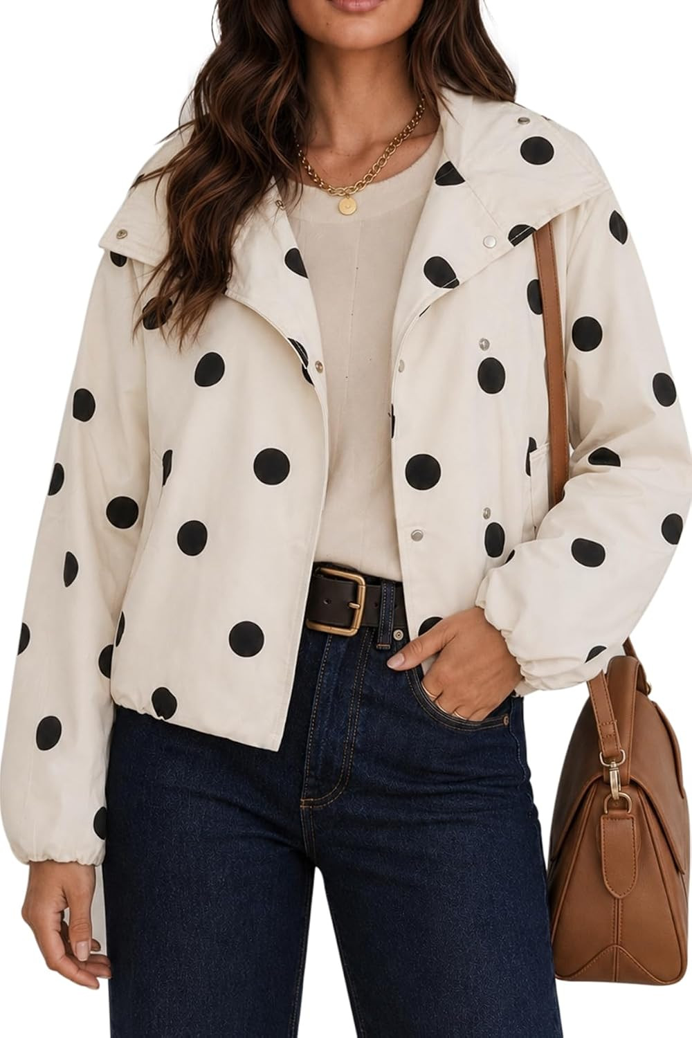 Women's Polka Dot Bomber Jacket Stand Collar Snap Coat | Amazon (US)