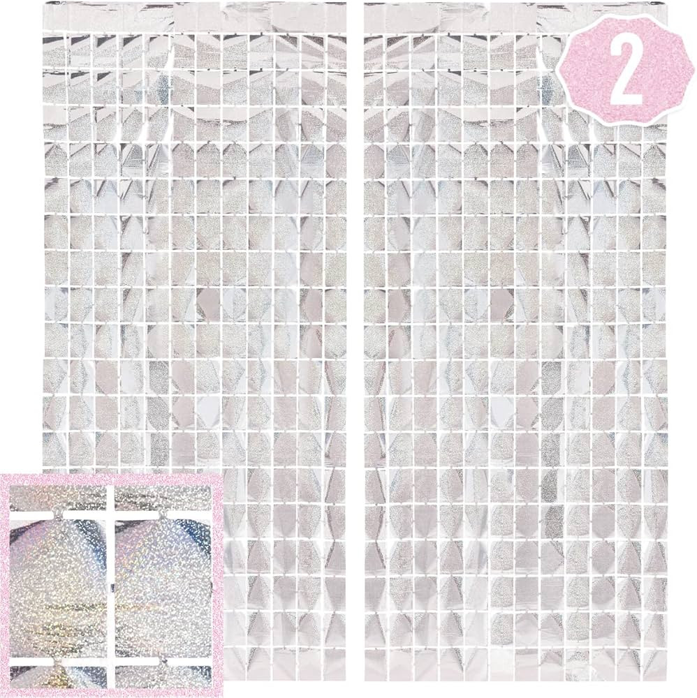 xo, Fetti Party Decorations Silver Iridescent Square Foil Curtain - Set of 2 | New Years Eve 2023... | Amazon (US)
