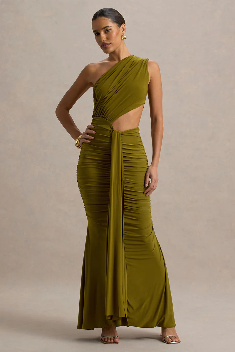 Beline  Green One-Shoulder Cut-Out Maxi Dress With Drape | Club L London