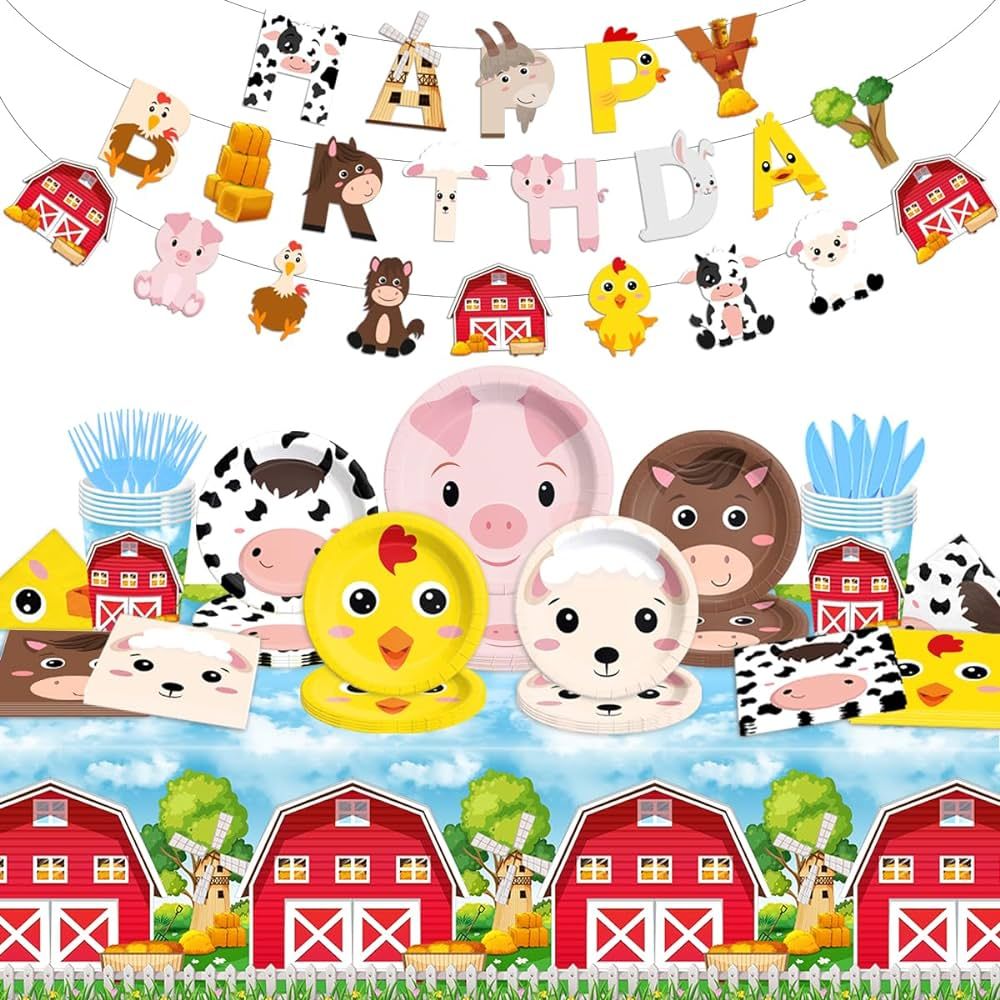 Farm Birthday Decorations-142Pcs Farm Animals Tableware Barnyard Themed Plates and Napkins Kit Fa... | Amazon (US)