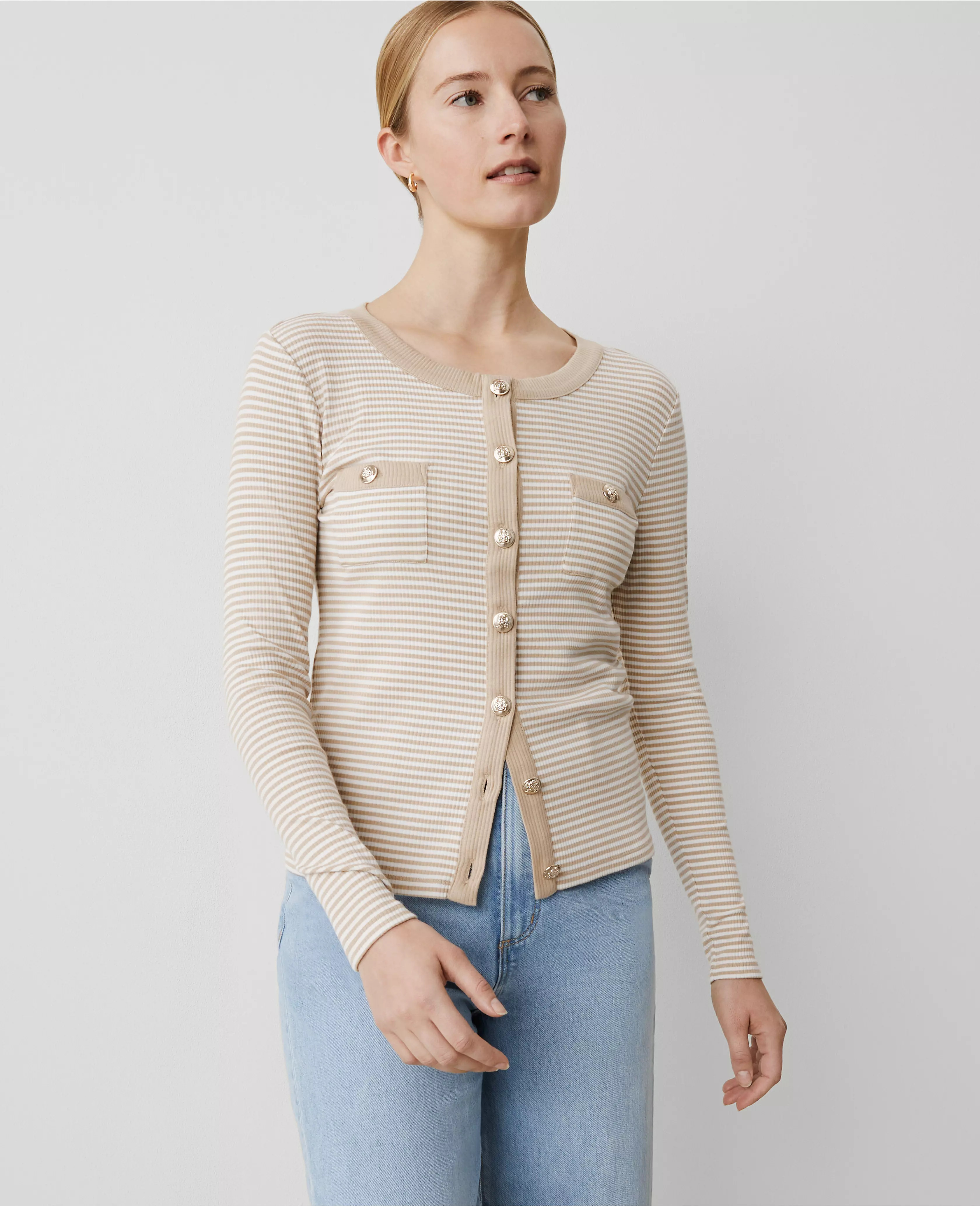 Stripe Button Knit Jacket | Ann Taylor
