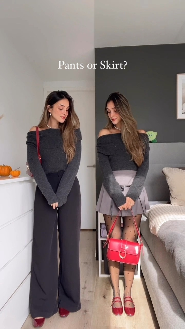 AUTUMN OUTFIT IDEAS - pants or skirt 🍂🧸

Dark grey off shoulder sweater • pleated grey skirt with ribbon string • heart pattern black tights • cherry red vegan leather shoulder bag • cherry red dark red ballerina flats • black wide leg pants 

#LTKmodest #LTKautumn #LTKstyletip