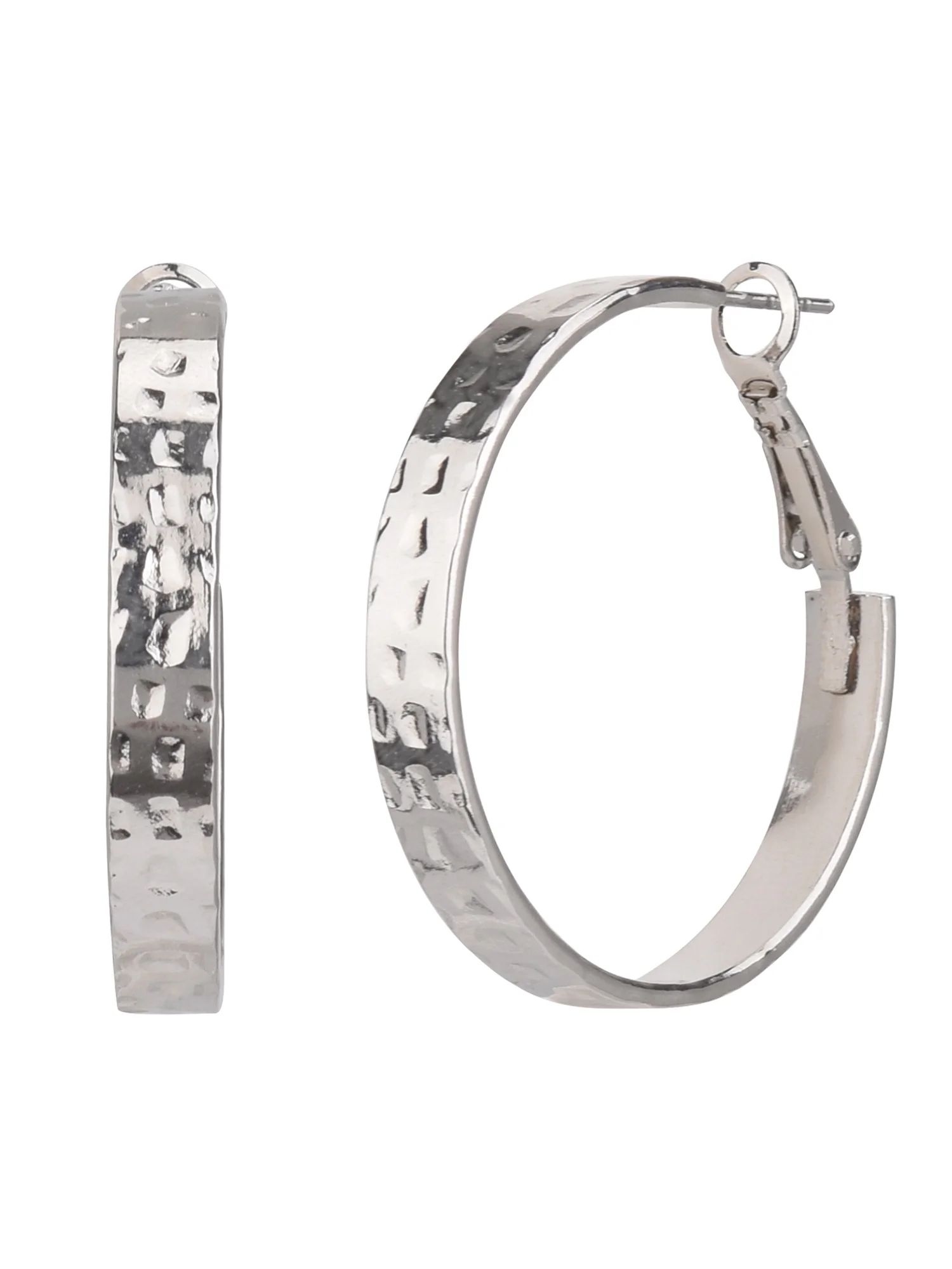 Time and Tru Women's Silver Tone Hammered Metal Hoop Earring | Walmart (US)