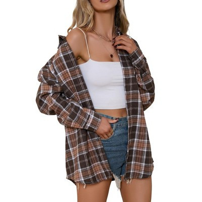 Womens Fashion Plaid Flannel Jacket Casual Long Sleeve Button Collared Neck Oversized Shirts Khaki M | Target