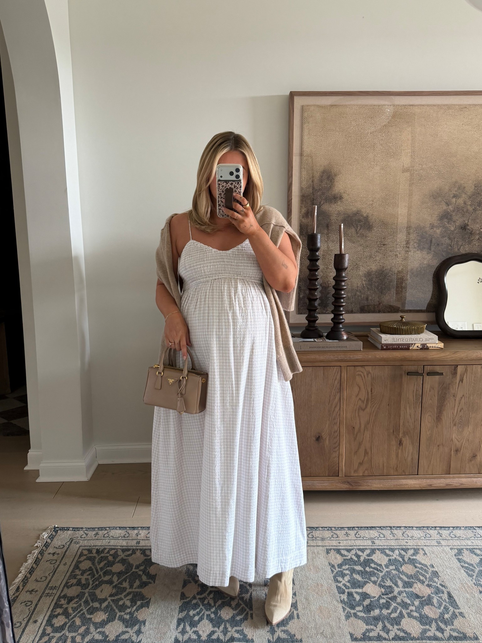 Baby shower fit 🤍 wearing a size large in the dress, sized up 1 from my normal being pregnant. 