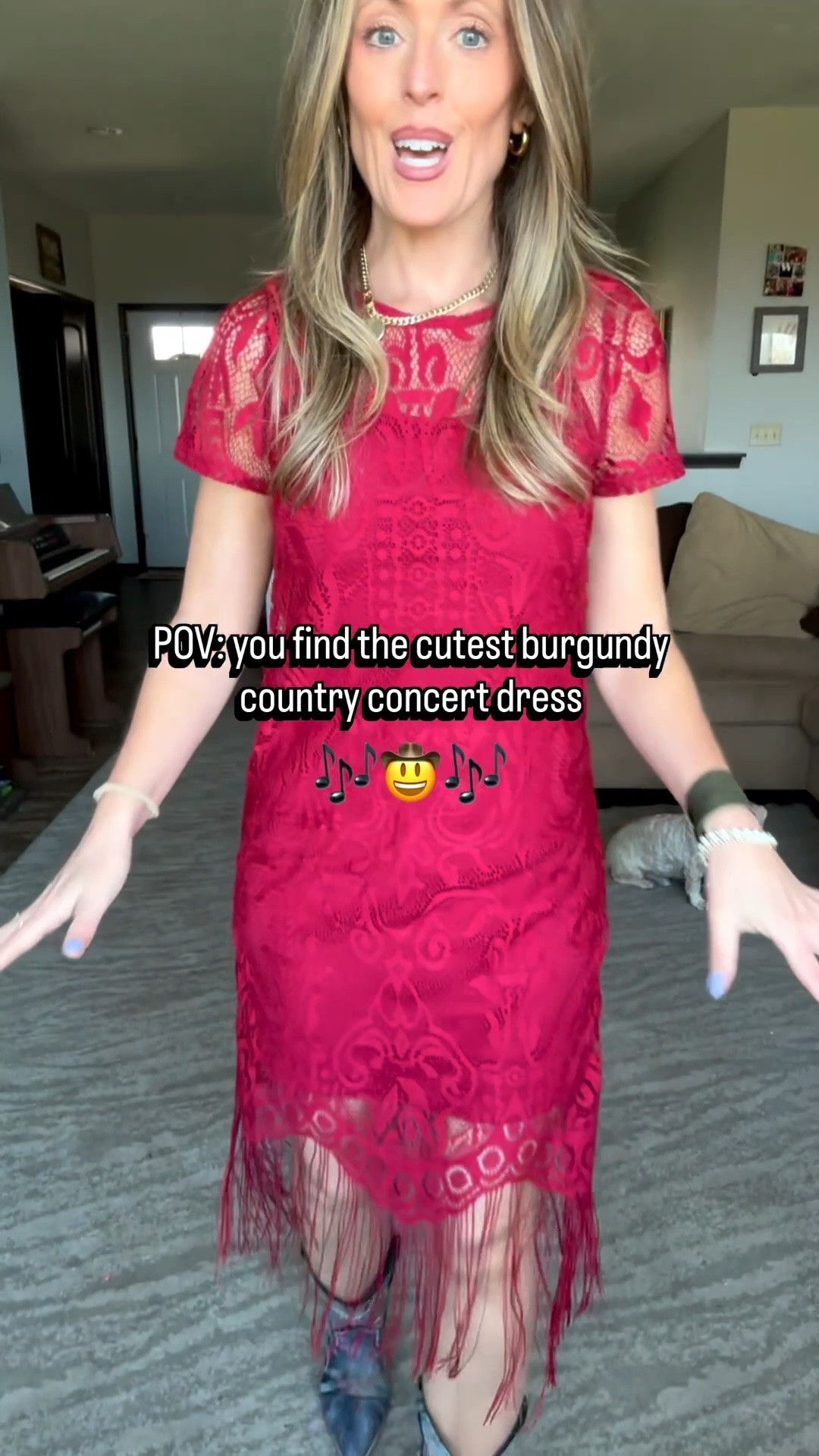 Country concert outfit inspo! 🎶 This burgundy lace dress with fringe is so cute! ❤️ Perfect for a summer concert or festival. It does come in more colors! Wearing an xsmall.

As an Amazon Influencer I earn commission on qualifying purchases.

Burgundy lace dress, country concert outfit inspo, summer concert outfit idea, mom style, fun fashion, burgundy dress, spring dresses, summer dress, concert attire, what to wear to a country concert

#LTKTravel #LTKgrwm #LTKMidsize