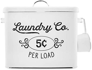 Click for more info about AuldHome Farmhouse Laundry Powder Container, White Enamelware Detergent Bin with Scoop