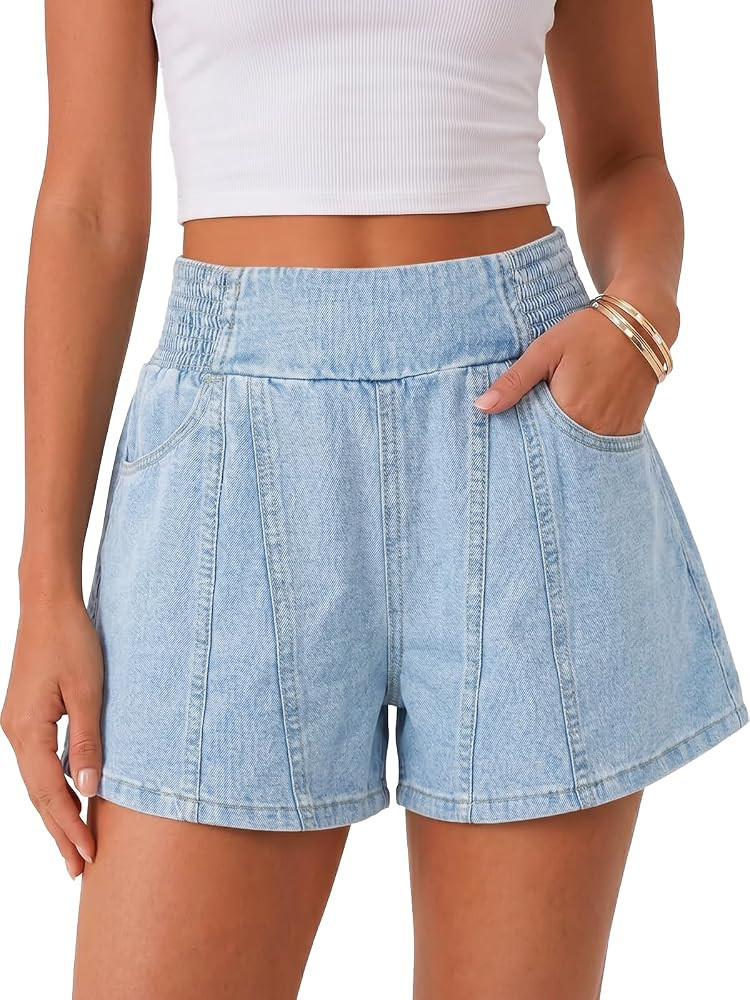Cicy Bell Womens Summer Pull on Jean Shorts Casual Trendy Elastic High Waisted Denim Shorts Baggy... | Amazon (US)