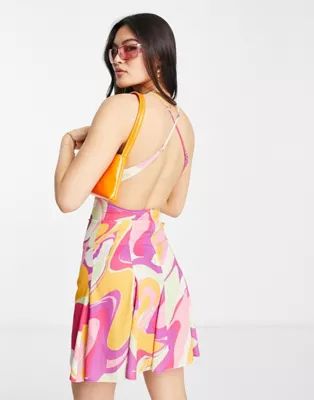 ASOS DESIGN strappy mini with godet skirt in bright swirl | ASOS (Global)
