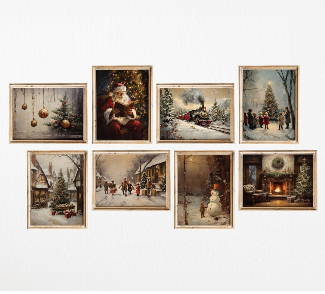 Vintage Christmas Art Print Set, Santa Claus Art Print, Christmas Village Print, Holiday Train Pr... | Etsy (US)