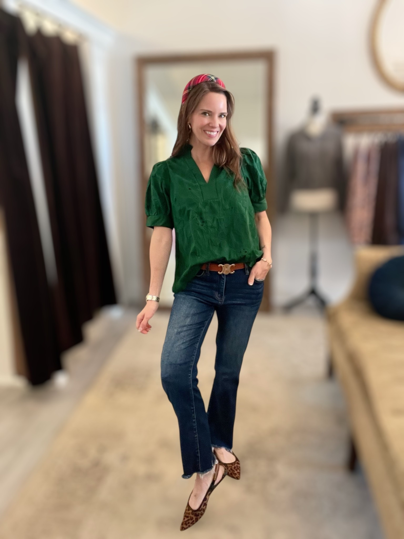 Green Embroidered Top + Cropped Flare Denim Holiday Outfit 💚🎄

This look is such an easy win for the holiday season and beyond. The green embroidered top is beautifully detailed with subtle texture and puff sleeves that give it a polished but relaxed feel. It’s one of those pieces that looks styled without trying—perfect tucked or worn loose. I paired it with mid-rise cropped flare jeans for a flattering everyday fit and added leopard slingback flats for a fun pop of pattern 🐆✨

Finished the look with a festive plaid padded headband, gold statement earrings, and a classic two-tone watch to pull it all together. This outfit works so well for holiday errands, casual parties, or even a dressy everyday moment when you want to feel put-together but comfortable 🎀💫

Green embroidered blouse, holiday outfit idea, cropped flare jeans, leopard flats outfit, festive headband, casual holiday style, everyday chic outfit, women’s boutique top, fall winter outfit inspiration

#LTKSaleAlert #LTKHoliday #LTKFindsUnder50