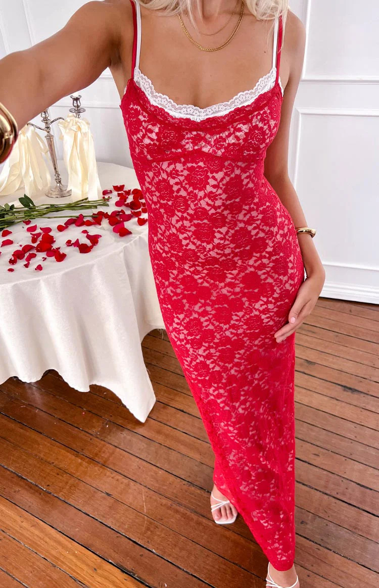 Kata Red Lace Maxi Dress | Beginning Boutique (US)