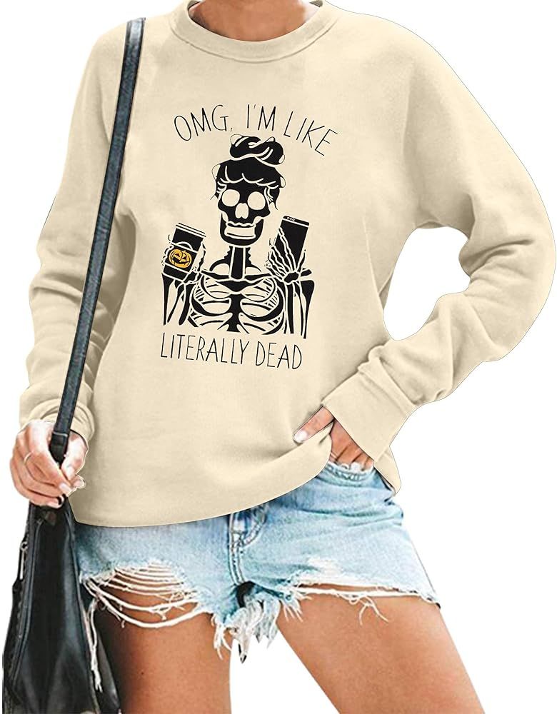 MOUSYA Women Skull Sweatshirt Casual Coffee Cup Graphic Tee Leopard Skeleton Pullover Funny Letter P | Amazon (US)