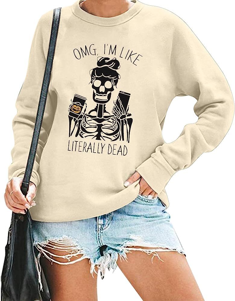 Women Halloween Skull Sweatshirt Skeleton Pumpkin Coffee Shirt Selfie Pullover Funny Letter Print... | Amazon (US)