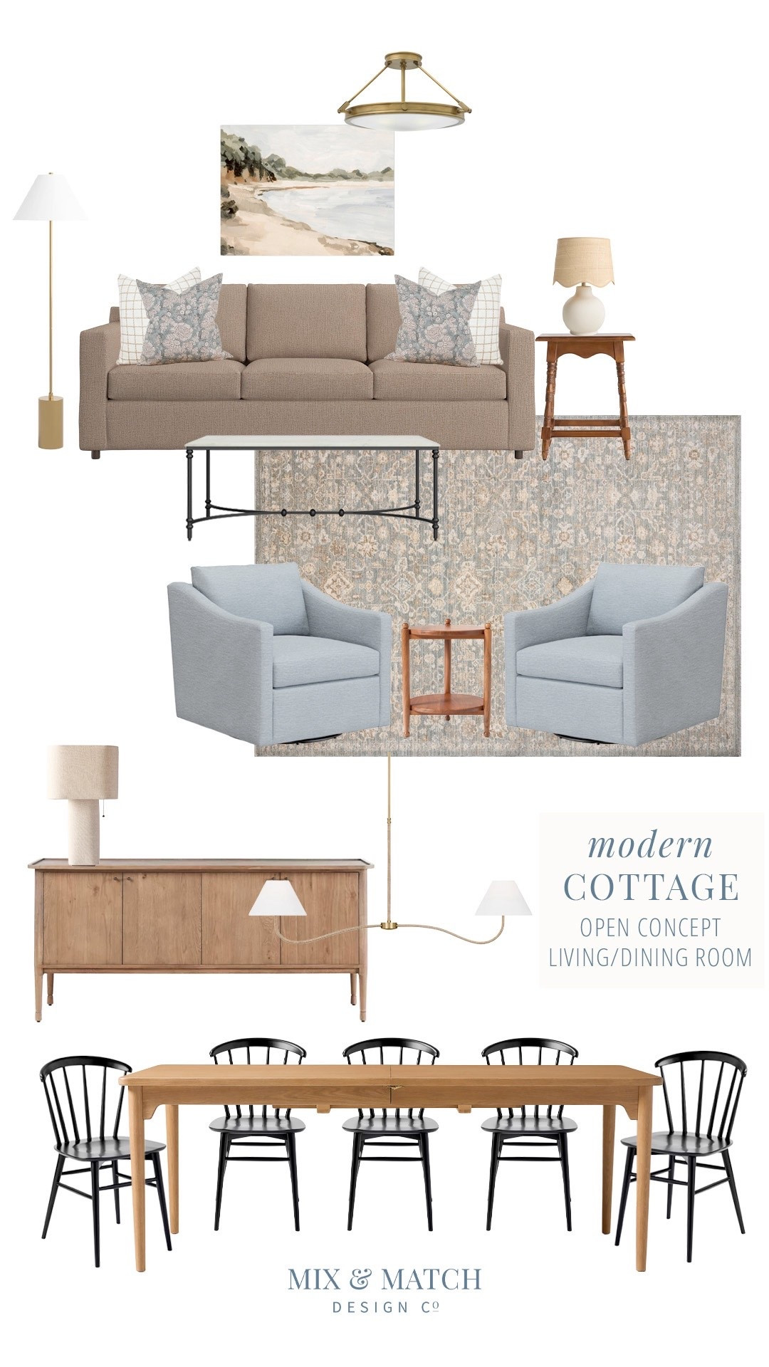 I’m excited to kick off my new series, “Request a Room Design” with this open concept living dining room! I put out a call a couple of weeks ago for room ideas for me to design, and I had a blast pulling this modern cottage space together! 

When it comes to designing open concept spaces, there are a couple of important things to keep in mind to make sure your space feels cohesive:
- Carry a consistent metal finish and style throughout your overhead light fixtures.
- Make sure you repeat some elements like wood finish or colors in both spaces.
- Create a layout that’s functional including good walkway space and access to and around seating areas.

I hope you enjoyed this first installment! I’ll do another one later in November so stay tuned for that!
