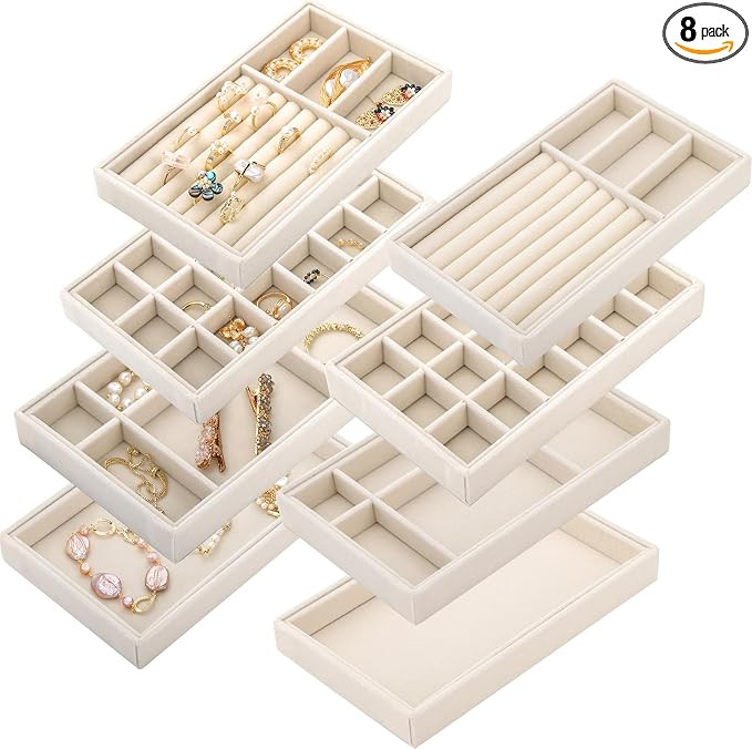 Elsjoy 8 Pack Velvet Jewelry Trays, Stackable Jewelry Organizer Trays for Drawers, Beige Jewelry ... | Amazon (US)