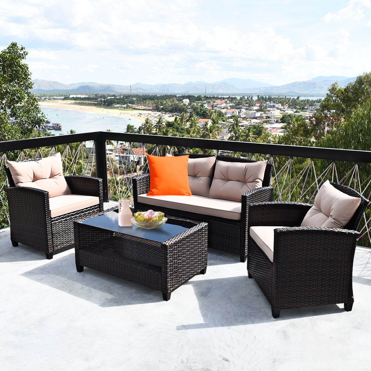 Costway 4PCS Outdoor Rattan Furniture Set Cushioned Sofa Armrest Table | Target