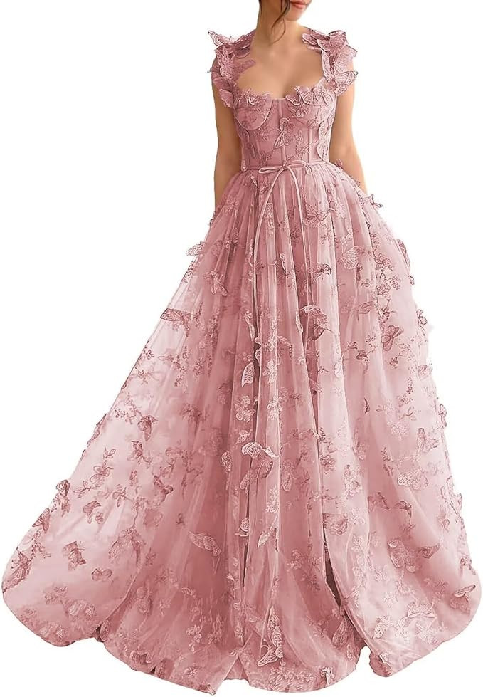Long Tulle Prom Dress with 3D Butterflies Sexy Slit Ball Gown Evening Dresses Party Wedding Forma... | Amazon (US)
