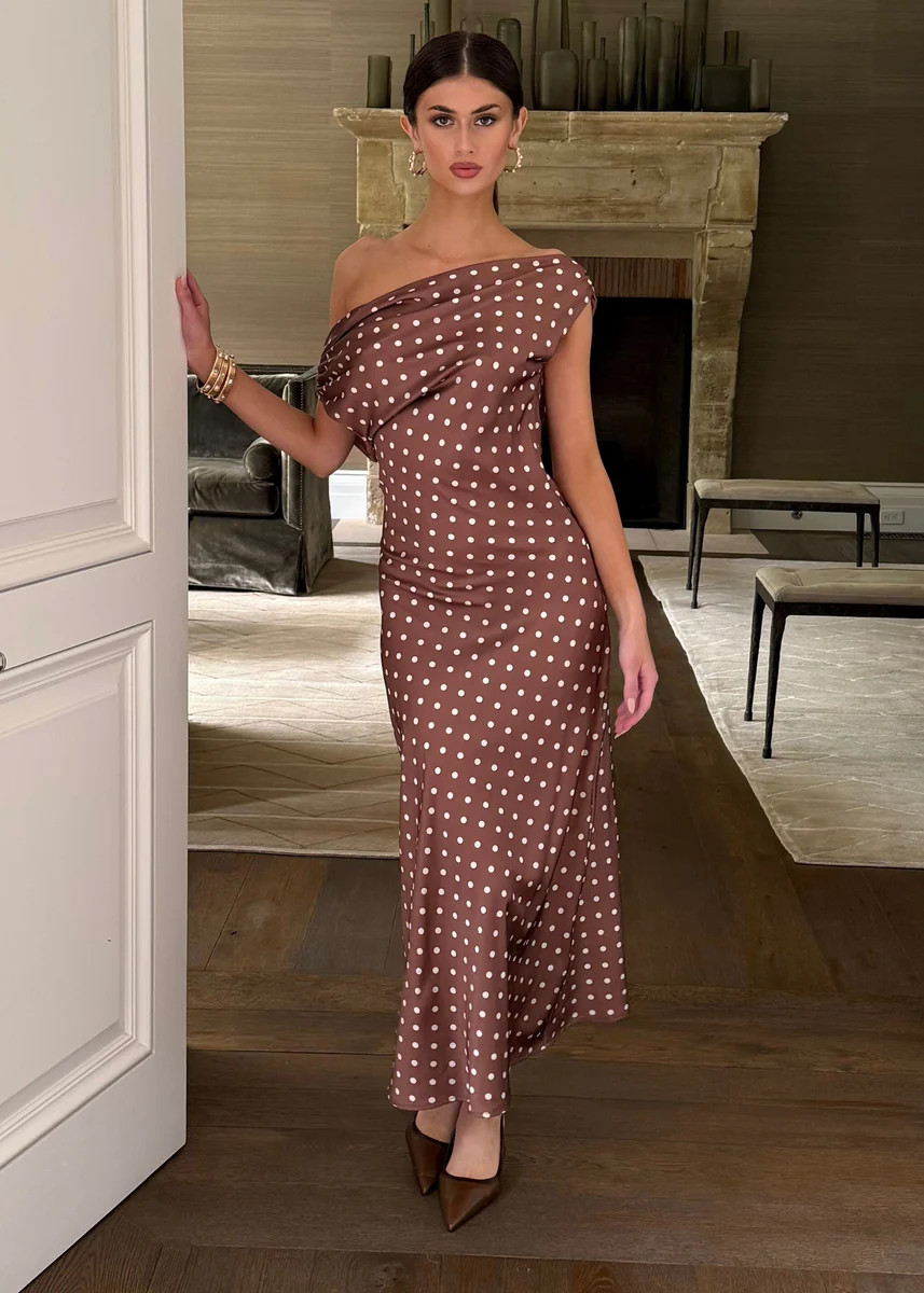 Valeria Chocolate Polka Dot Off The Shoulder Maxi Dress | Benaar La