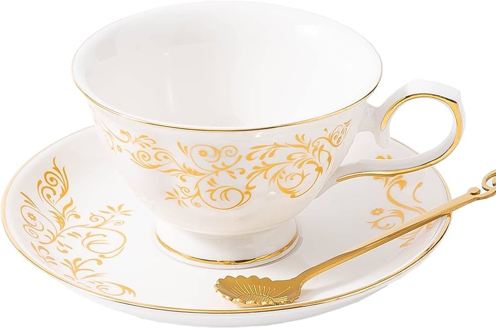 Daveinmic Porcelain Tea Cup and Saucer Set,Floral Drinkware Tea Coffee Set for One,Include One Go... | Amazon (US)