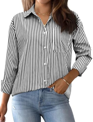 AISEW Womens Striped Button Down Shirts Oversized Long Sleeve Collared Office Work Blouses Tops with Pocket (Striped Black, 7002S) | Amazon (US)