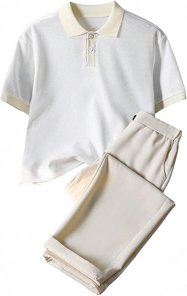 Verdusa Boy's 2 Piece Summer Outfits Waffle Button Front Short Sleeve Collared T Shirts and Pants... | Amazon (US)