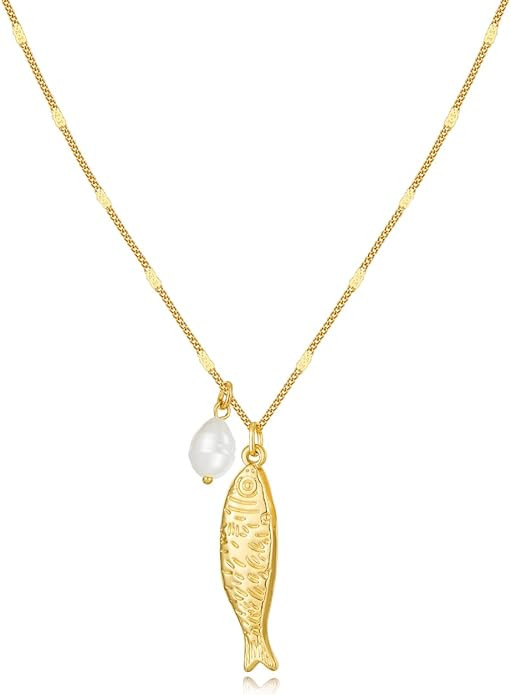 NIKOLUX Fish Necklace for Women Enamel Blue Fish Pendant Necklace with Pearl/Crystal Beads Charm ... | Amazon (US)