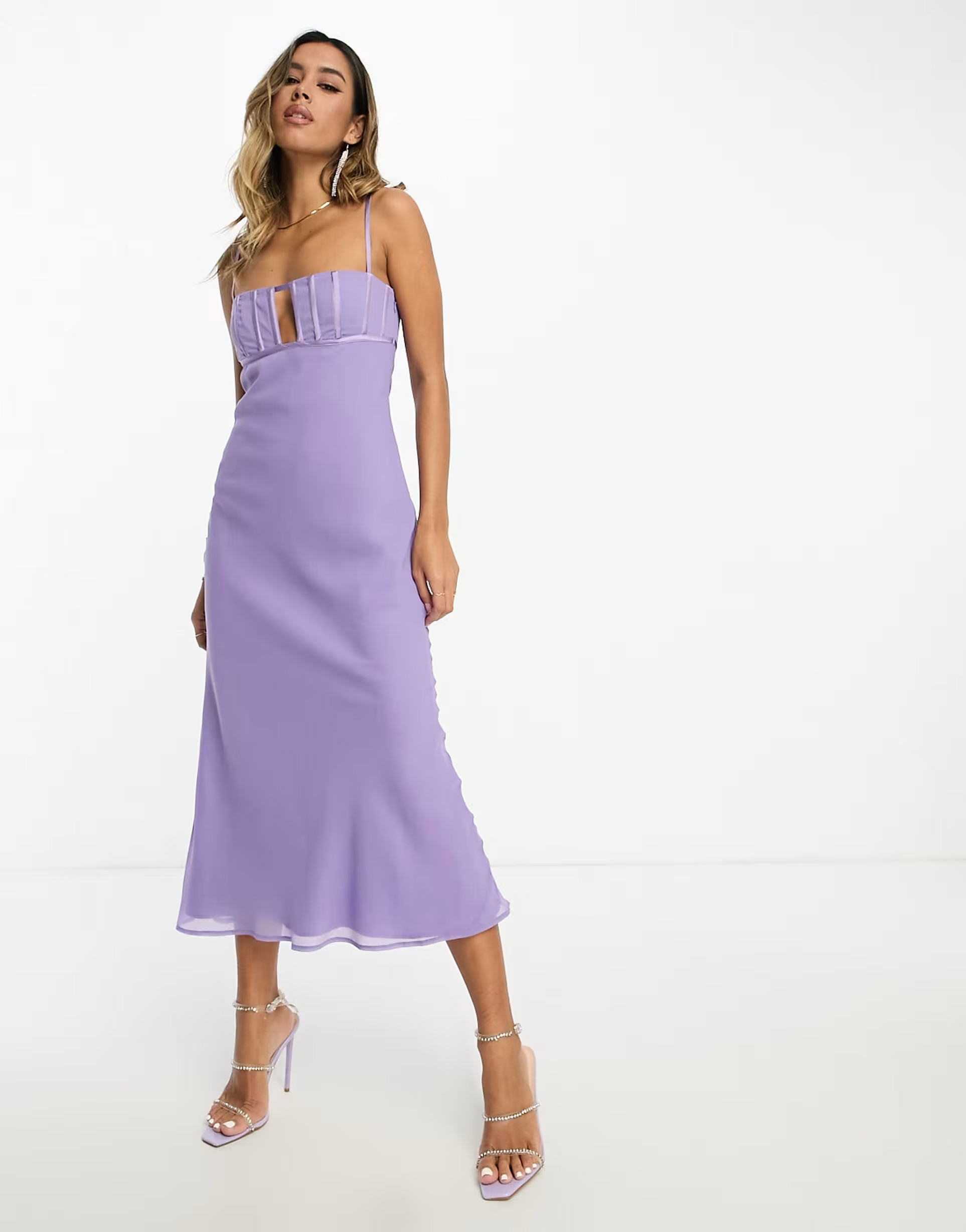 ASOS DESIGN corset bust detail bias midi dress in purple | ASOS (Global)
