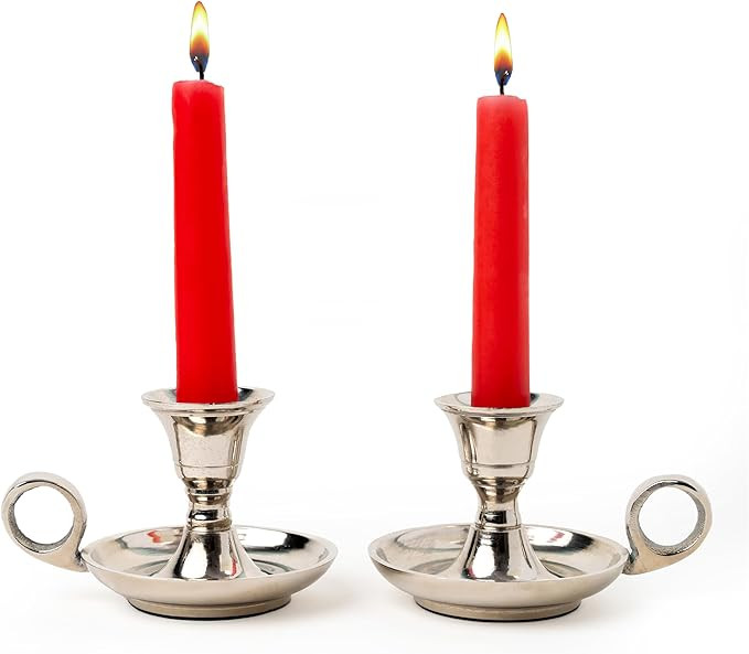 Glossy Silver Metal Candle Holders with Handle for Taper Candlestick Set of 2 by Rely+ - Modern D... | Amazon (US)