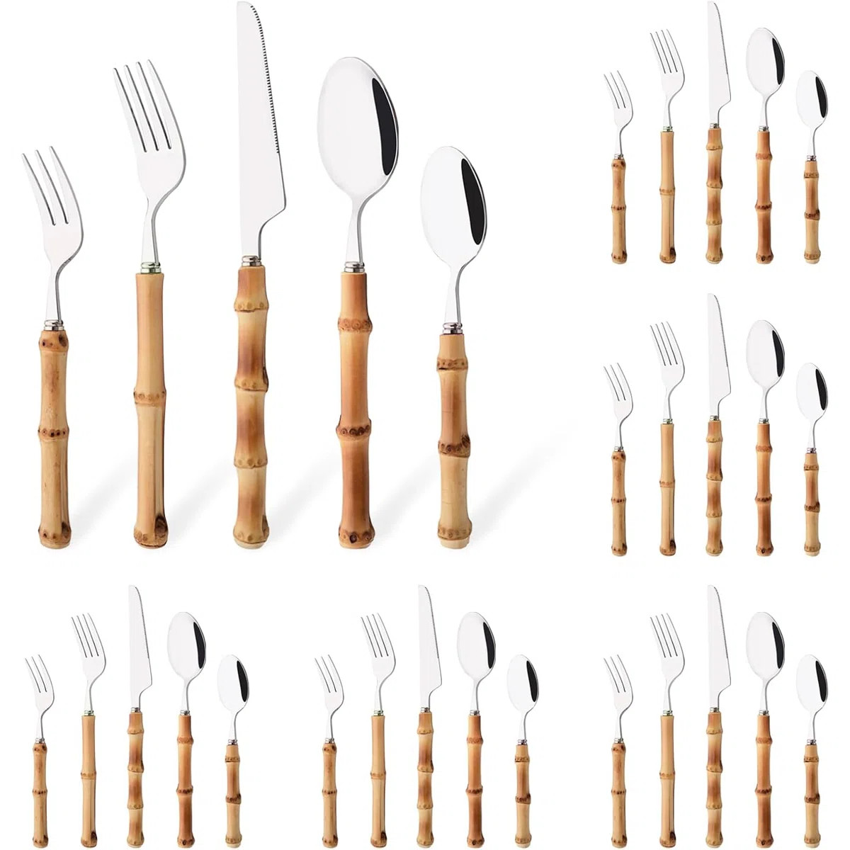 30-Piece Bamboo Handle Flatware Set, Stainless Steel Cutlery For 6, Polished Tableware For Home, ... | Wayfair North America