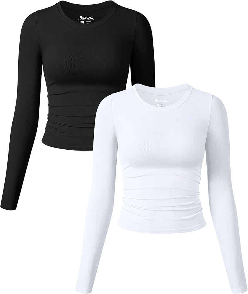 OQQ Womens 2 Piece Shirts Long Sleeve Crew Neck Ruched Stretch Basic Fitted Tee Shirts Tops | Amazon (US)