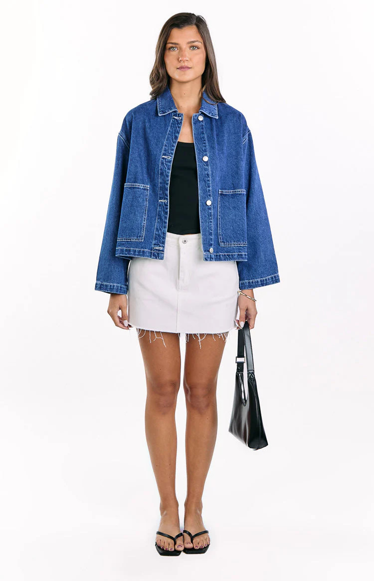 Mixie Mid Wash Denim Contrast Stitch Denim Jacket | Beginning Boutique (US)