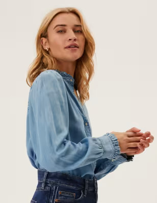 Tencel™ Denim High Neck Long Sleeve Shirt | M&S Collection | M&S | Marks & Spencer (UK)