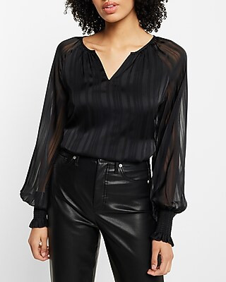 Satin Stripe Long Sleeve Smocked Cuff Top | Express