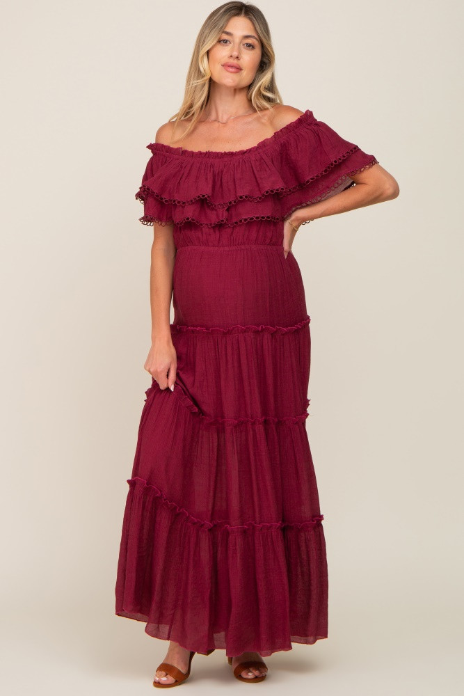 Burgundy Off Shoulder Eyelet Tiered Maternity Maxi Dress | PinkBlush Maternity