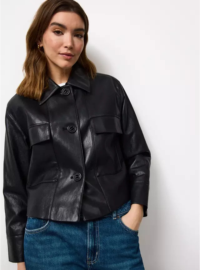 Black PU Leather Bomber Style Collared Jacket M | Tu Clothing