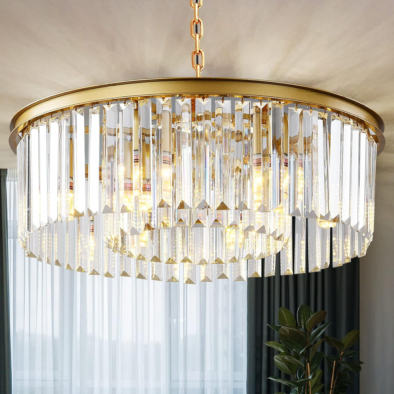 Gold Modern Crystal Chandelier, 2-Tier Round Flush Mount Ceiling Light Fixtures Height Adjustable Pendant Lighting for Dining Room Living Room Bedroom Kitchen Hotel Foyer | Amazon (US)