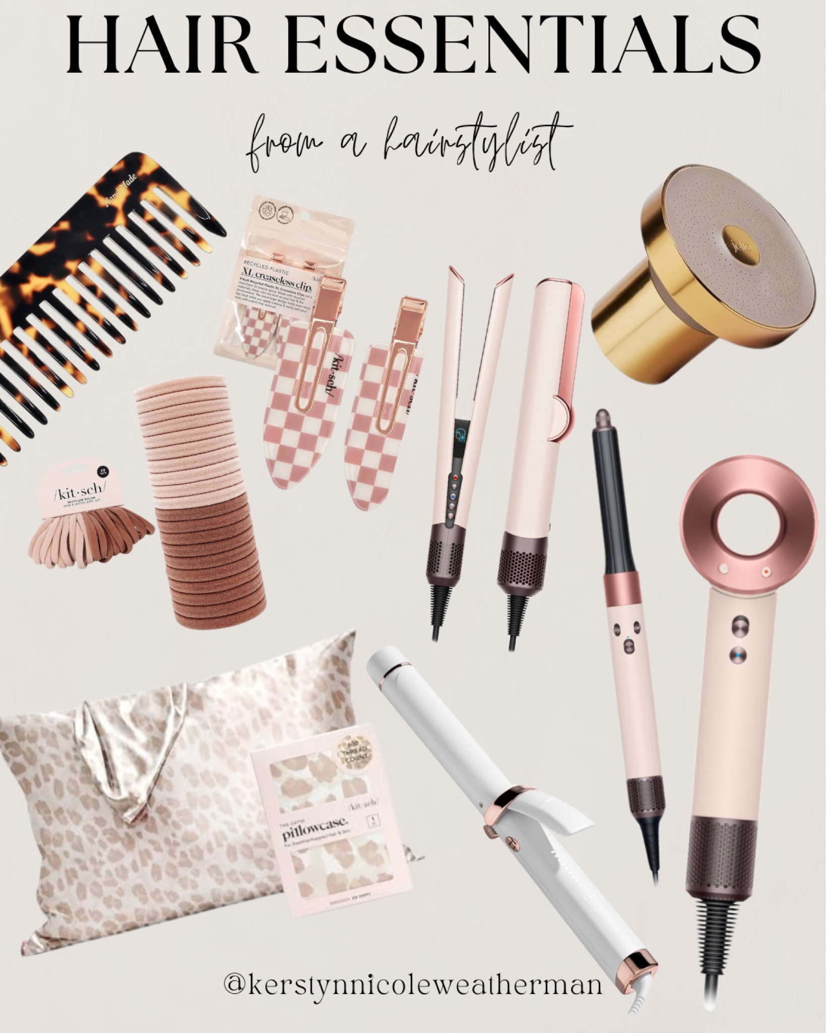 Hair essentials from a hairstylist | what I recommend ✨🙌🏻🎀💇🏼‍♀️🫧 

This new pink Dyson Blowdryer is 😍😍

My favorite hair essentials! 

Silk pillow case - good for the hair and skin! Less wrinkles & less damage and friction on the hair!

Faveee blow dryer and curling irons!

Shower head filter is game changing for my color treated clients | non color clients as well! It keeps the hard water and mineral build up off your hair and even helps make your skin softer! Would benefit the whole family!

Comb to comb out those curlssss 

Fav hair ties that don’t break the hair off!🧡

#LTKSpringSale #LTKStyleTip #LTKBeauty
