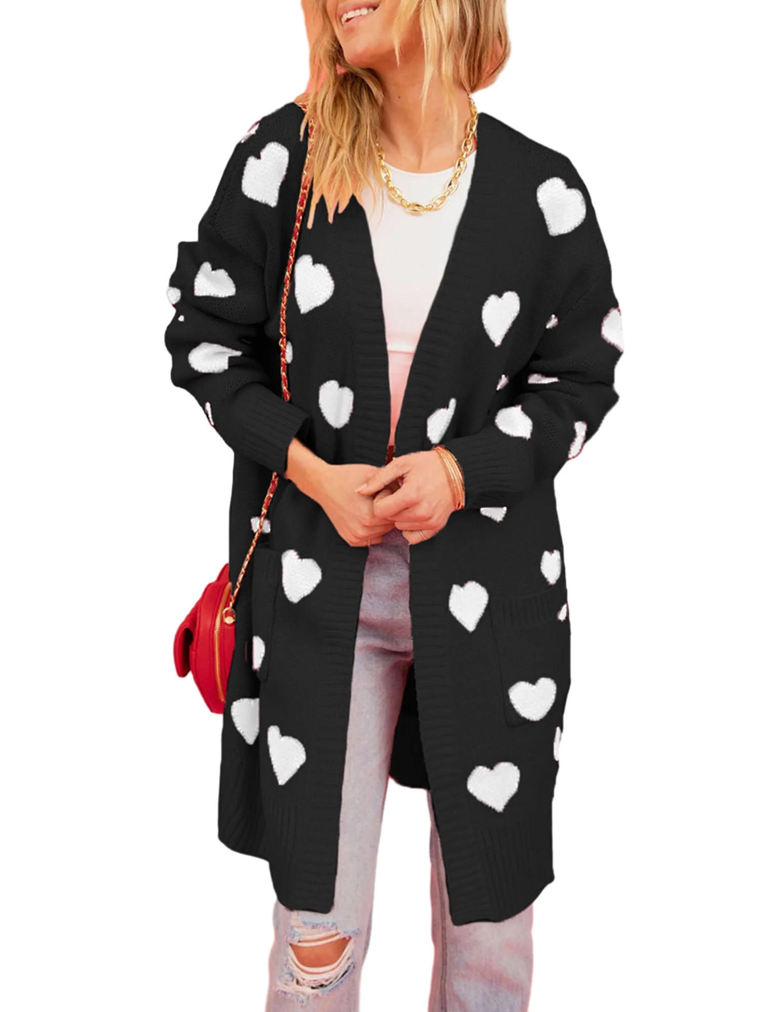GXFC Women Valentine's Day Open Front Duster Sweaters Casual Heart Print Long Knitted Cardigans W... | Walmart (US)