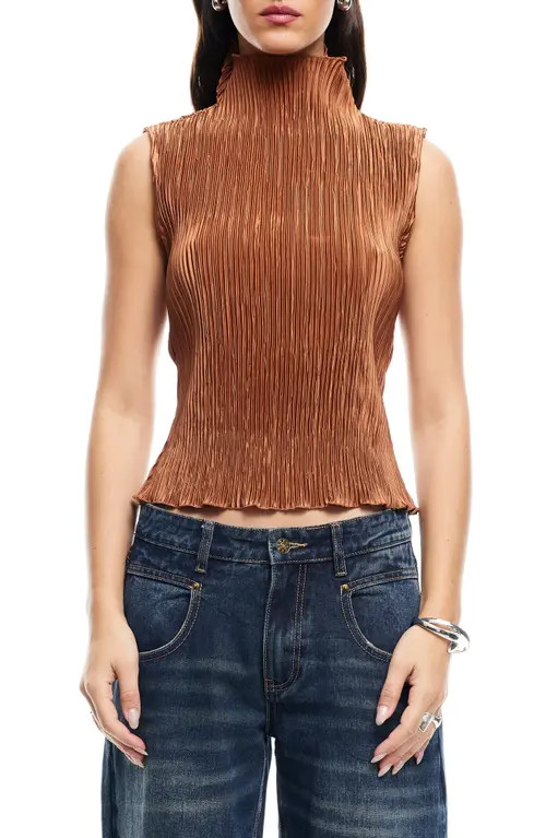 LIONESS Ford Funnel Neck Plissé Top in Umber at Nordstrom, Size Large | Nordstrom
