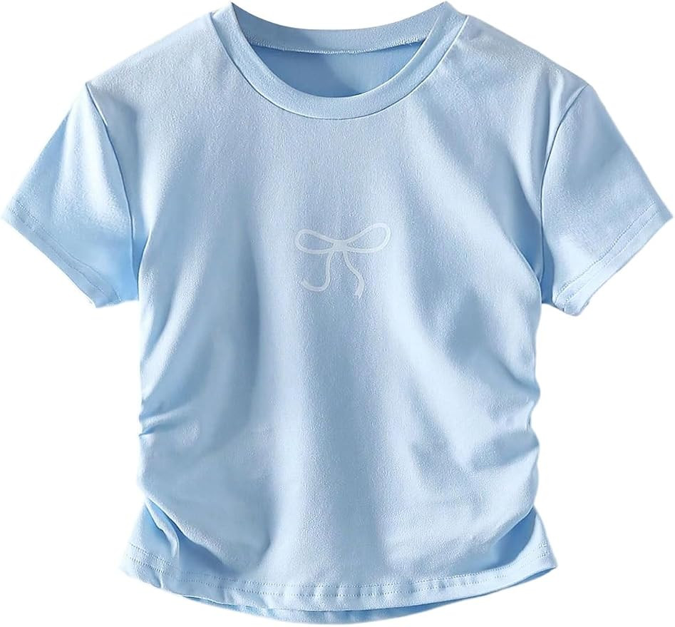 BEAUDRM Girl's Bow Graphic Tee Shirts Y2K Ruched Short Sleeve Cute Summer T-Shirt | Amazon (US)